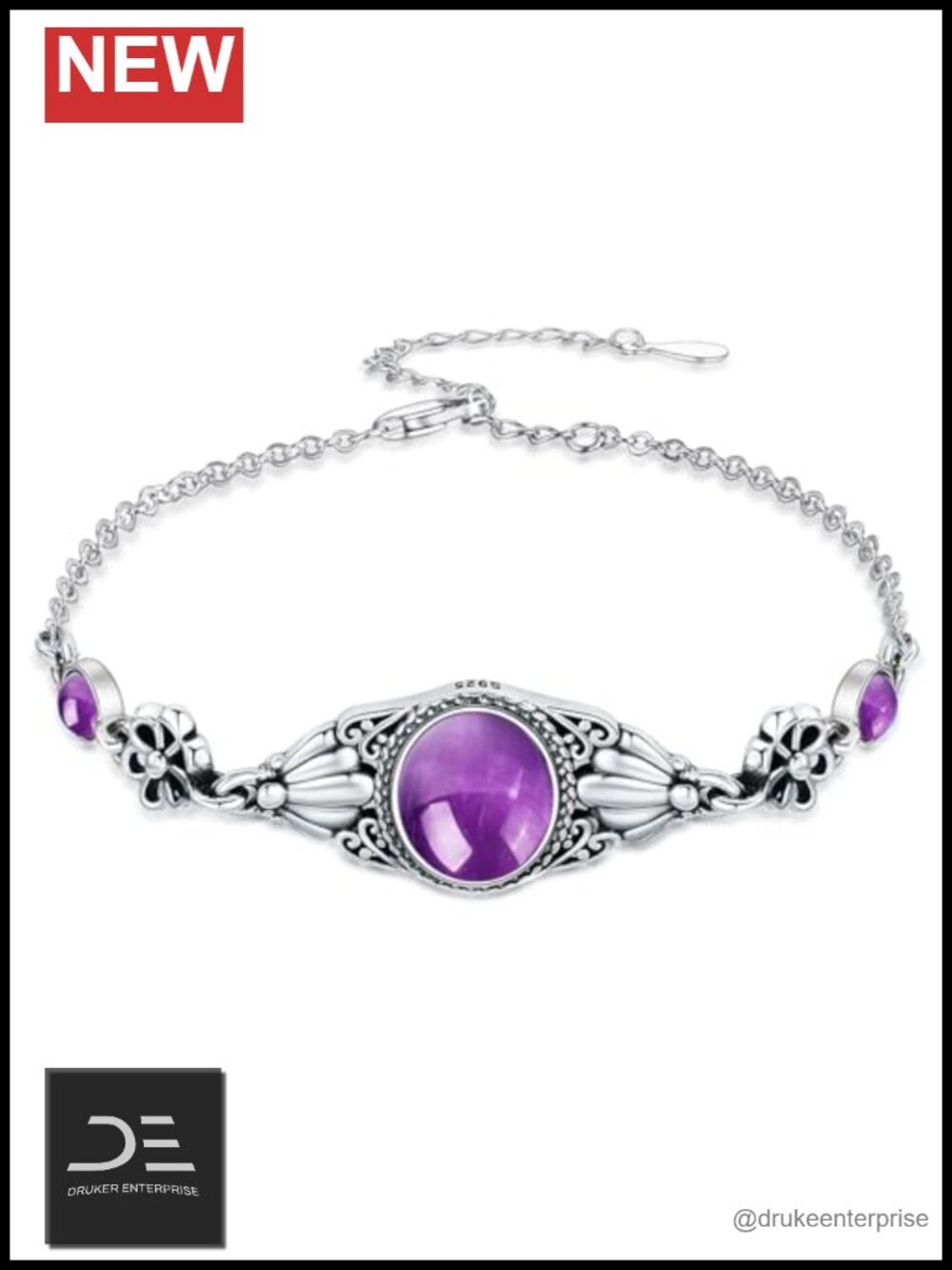 925 Sterling Silver Real Amethyst Bracelet Vintage Boho Oval Gemstone Jewelry